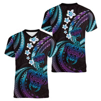 Hawaii Turtles Plumeria Women V-Neck T-Shirt Amethyst Gradient Polynesian Pattern