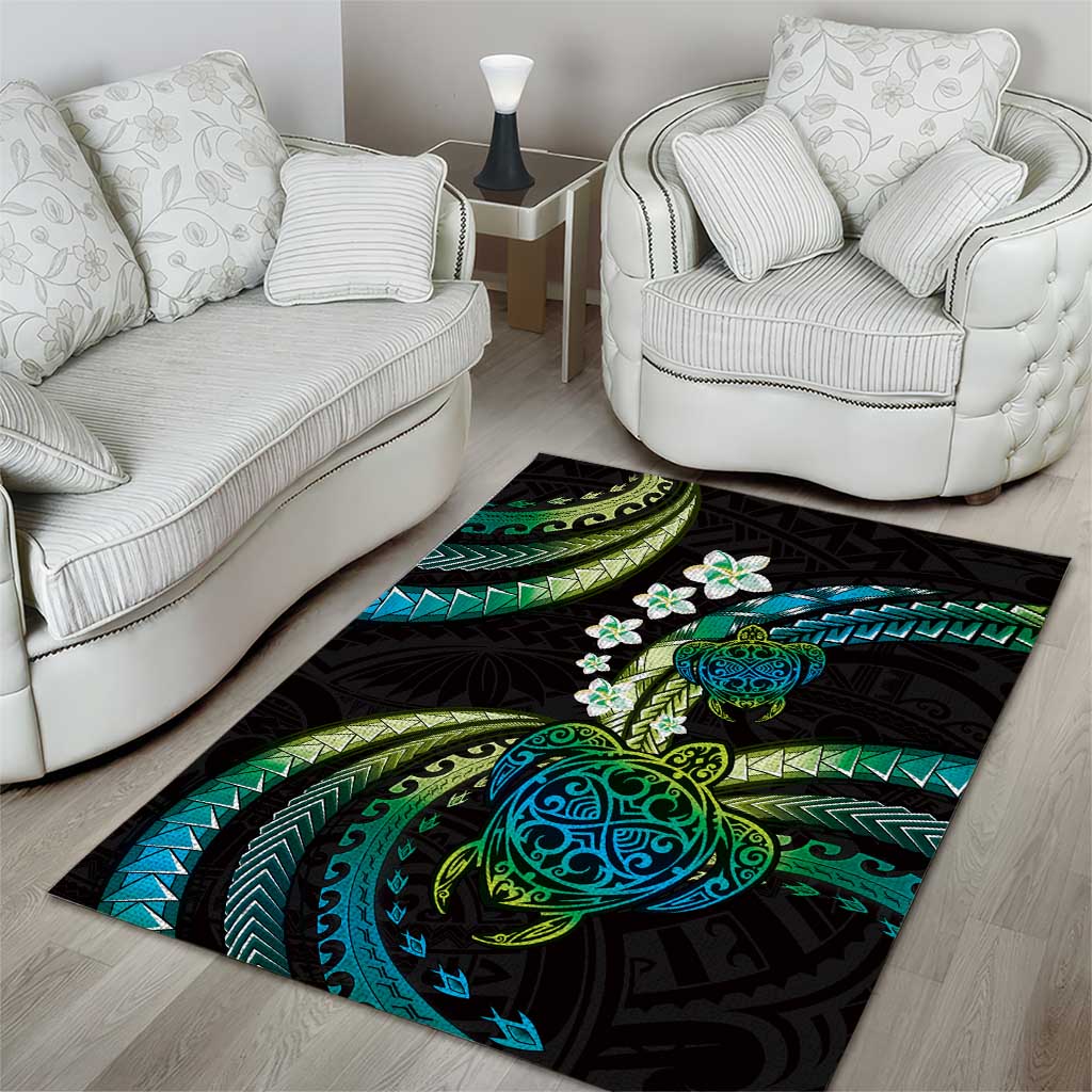 Hawaii Turtles Plumeria Area Rug Chartreuse Cyan Polynesian Pattern