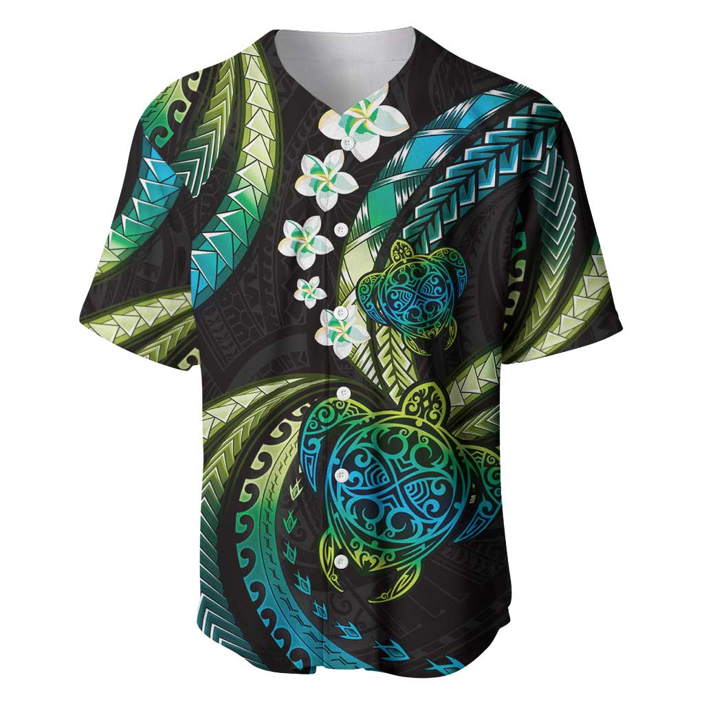 Hawaii Turtles Plumeria Baseball Jersey Chartreuse Cyan Polynesian Pattern