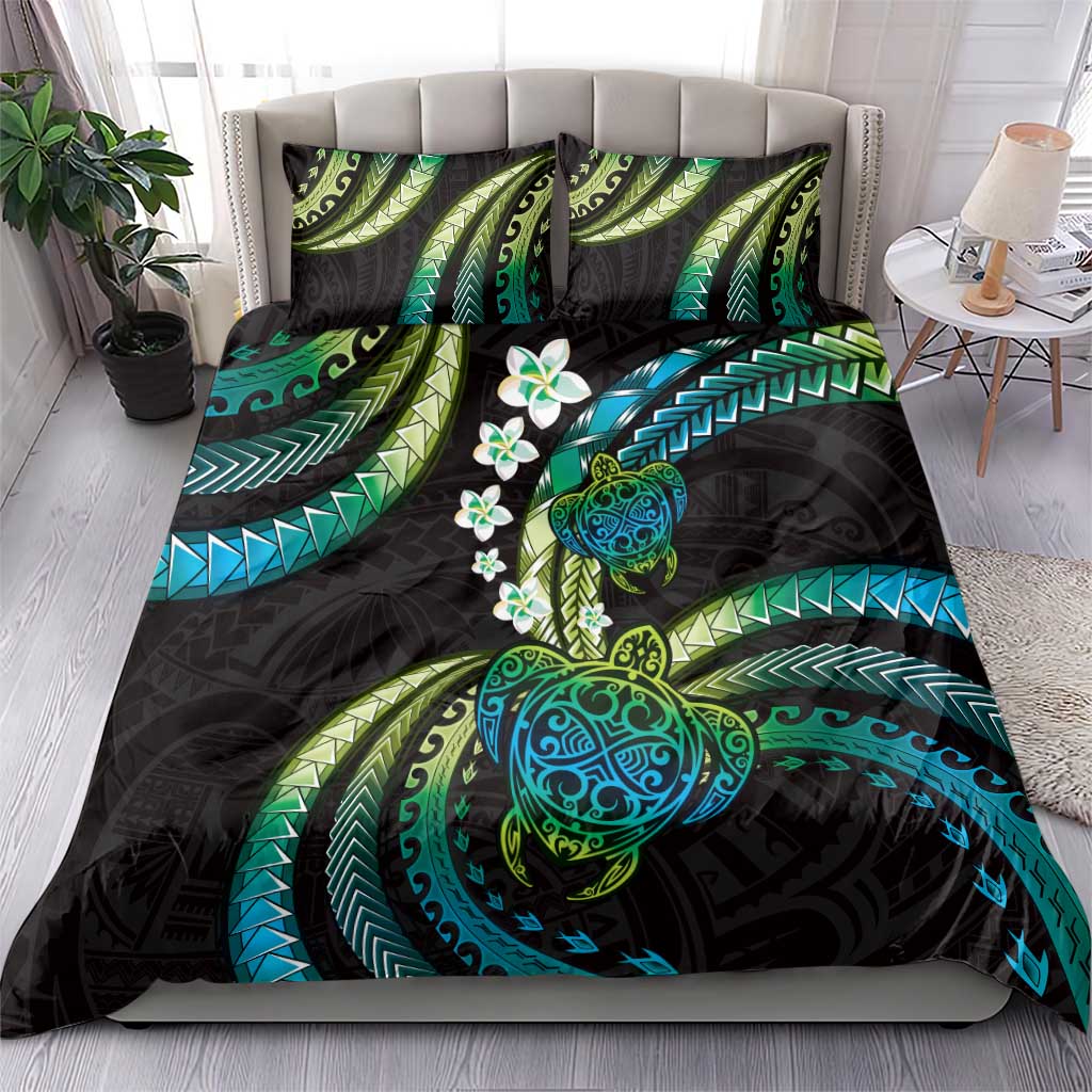Hawaii Turtles Plumeria Bedding Set Chartreuse Cyan Polynesian Pattern