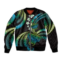 Hawaii Turtles Plumeria Bomber Jacket Chartreuse Cyan Polynesian Pattern