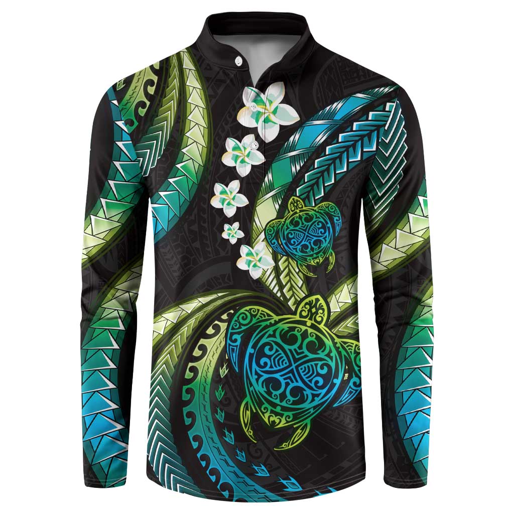Hawaii Turtles Plumeria Button Sweatshirt Chartreuse Cyan Polynesian Pattern
