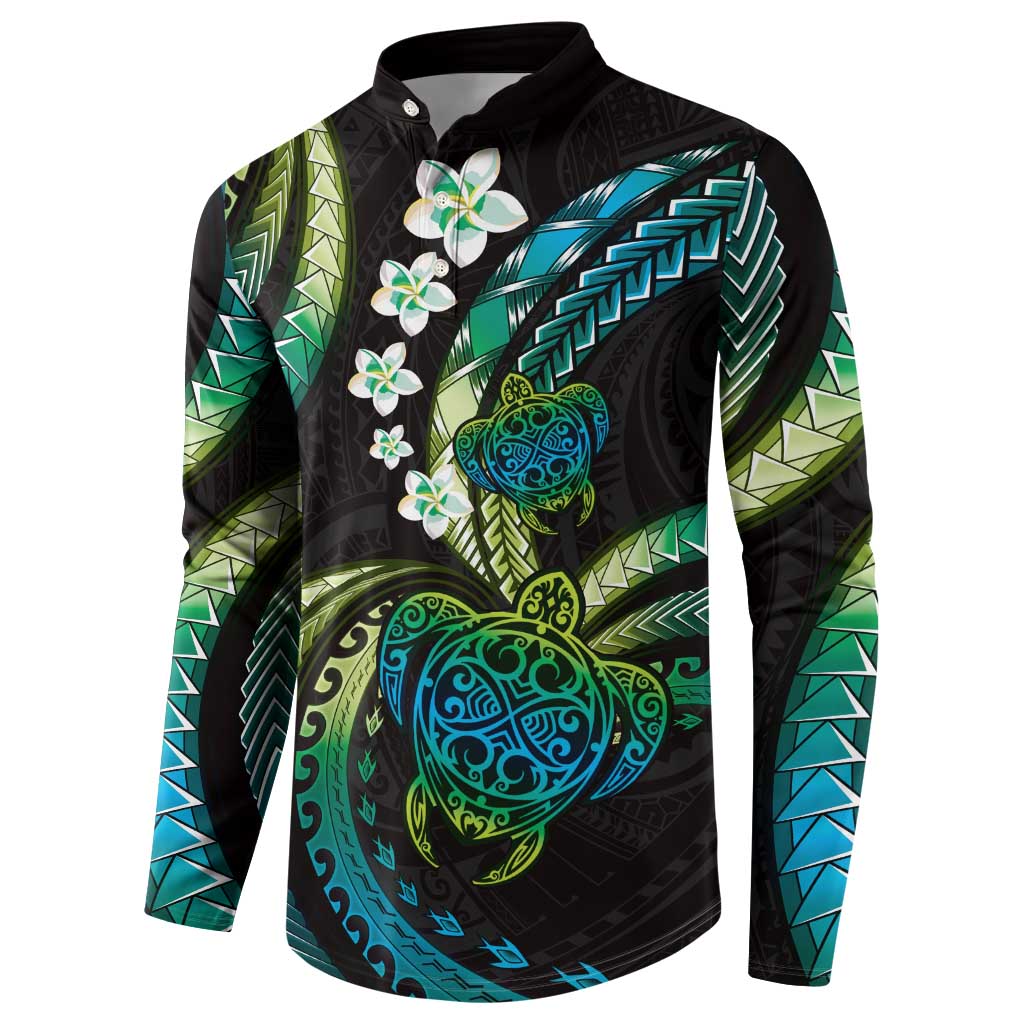 Hawaii Turtles Plumeria Button Sweatshirt Chartreuse Cyan Polynesian Pattern