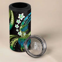 Hawaii Turtles Plumeria 4 in 1 Can Cooler Tumbler Chartreuse Cyan Polynesian Pattern