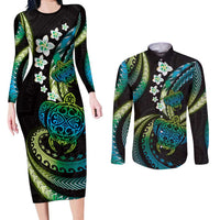 Hawaii Turtles Plumeria Couples Matching Long Sleeve Bodycon Dress and Long Sleeve Button Shirt Chartreuse Cyan Polynesian Pattern
