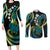 Hawaii Turtles Plumeria Couples Matching Long Sleeve Bodycon Dress and Long Sleeve Button Shirt Chartreuse Cyan Polynesian Pattern