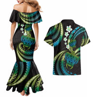 Hawaii Turtles Plumeria Couples Matching Mermaid Dress and Hawaiian Shirt Chartreuse Cyan Polynesian Pattern