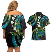 Hawaii Turtles Plumeria Couples Matching Off Shoulder Short Dress and Hawaiian Shirt Chartreuse Cyan Polynesian Pattern