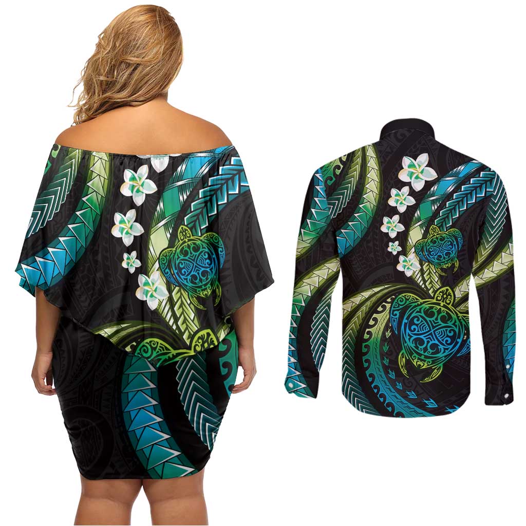 Hawaii Turtles Plumeria Couples Matching Off Shoulder Short Dress and Long Sleeve Button Shirt Chartreuse Cyan Polynesian Pattern