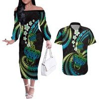 Hawaii Turtles Plumeria Couples Matching Off The Shoulder Long Sleeve Dress and Hawaiian Shirt Chartreuse Cyan Polynesian Pattern