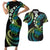 Hawaii Turtles Plumeria Couples Matching Short Sleeve Bodycon Dress and Hawaiian Shirt Chartreuse Cyan Polynesian Pattern