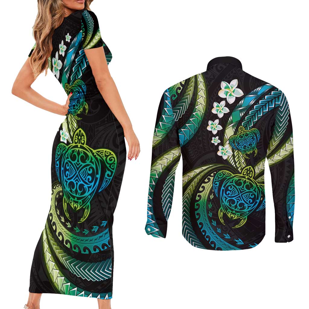 Hawaii Turtles Plumeria Couples Matching Short Sleeve Bodycon Dress and Long Sleeve Button Shirt Chartreuse Cyan Polynesian Pattern