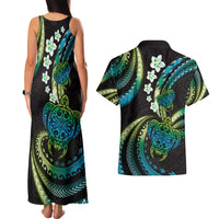 Hawaii Turtles Plumeria Couples Matching Tank Maxi Dress and Hawaiian Shirt Chartreuse Cyan Polynesian Pattern