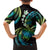 Hawaii Turtles Plumeria Family Matching Off The Shoulder Long Sleeve Dress and Hawaiian Shirt Chartreuse Cyan Polynesian Pattern