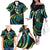Hawaii Turtles Plumeria Family Matching Off The Shoulder Long Sleeve Dress and Hawaiian Shirt Chartreuse Cyan Polynesian Pattern