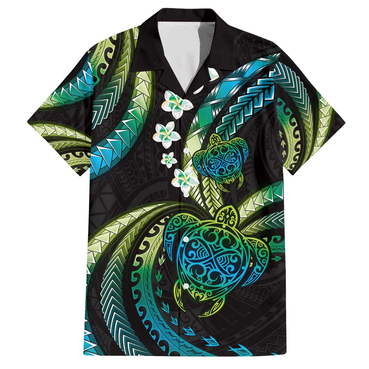 Hawaii Turtles Plumeria Family Matching Off The Shoulder Long Sleeve Dress and Hawaiian Shirt Chartreuse Cyan Polynesian Pattern