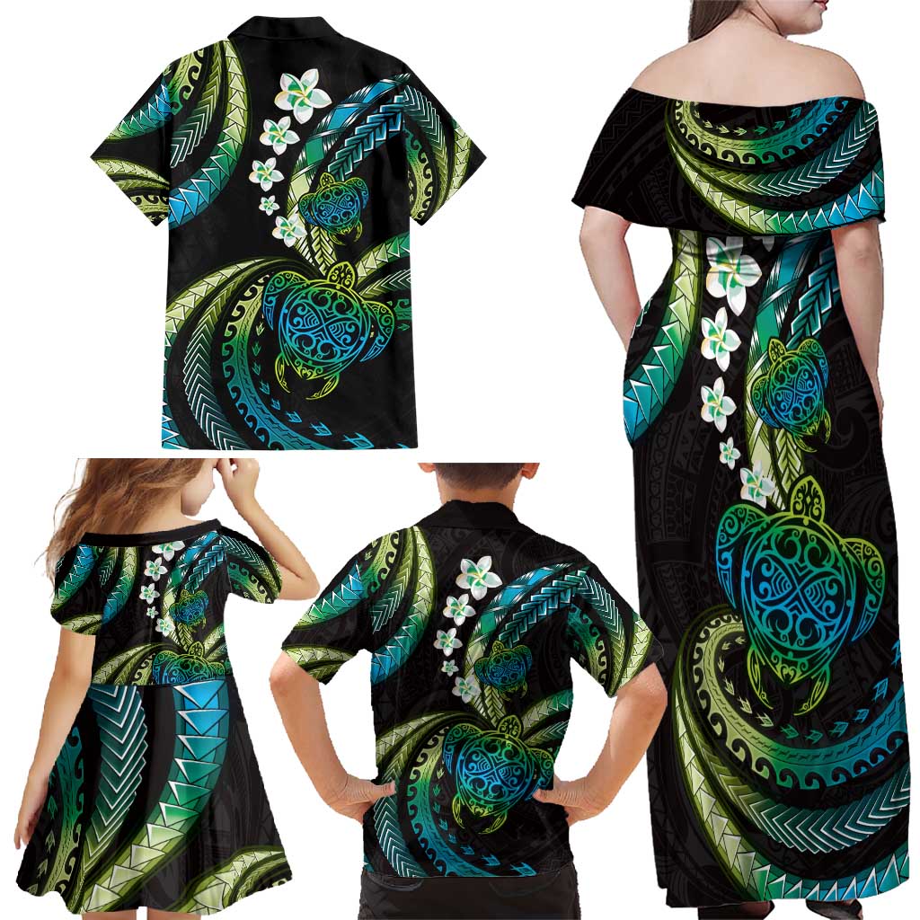 Hawaii Turtles Plumeria Family Matching Off Shoulder Maxi Dress and Hawaiian Shirt Chartreuse Cyan Polynesian Pattern