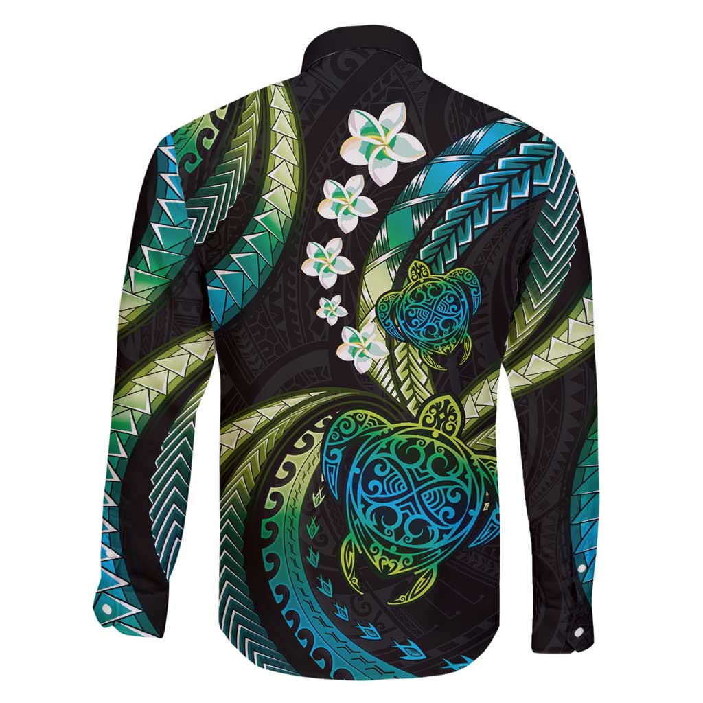 Hawaii Turtles Plumeria Family Matching Off Shoulder Maxi Dress and Hawaiian Shirt Chartreuse Cyan Polynesian Pattern