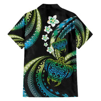 Hawaii Turtles Plumeria Family Matching Off Shoulder Short Dress and Hawaiian Shirt Chartreuse Cyan Polynesian Pattern