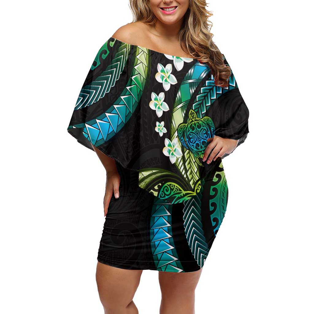 Hawaii Turtles Plumeria Family Matching Off Shoulder Short Dress and Hawaiian Shirt Chartreuse Cyan Polynesian Pattern