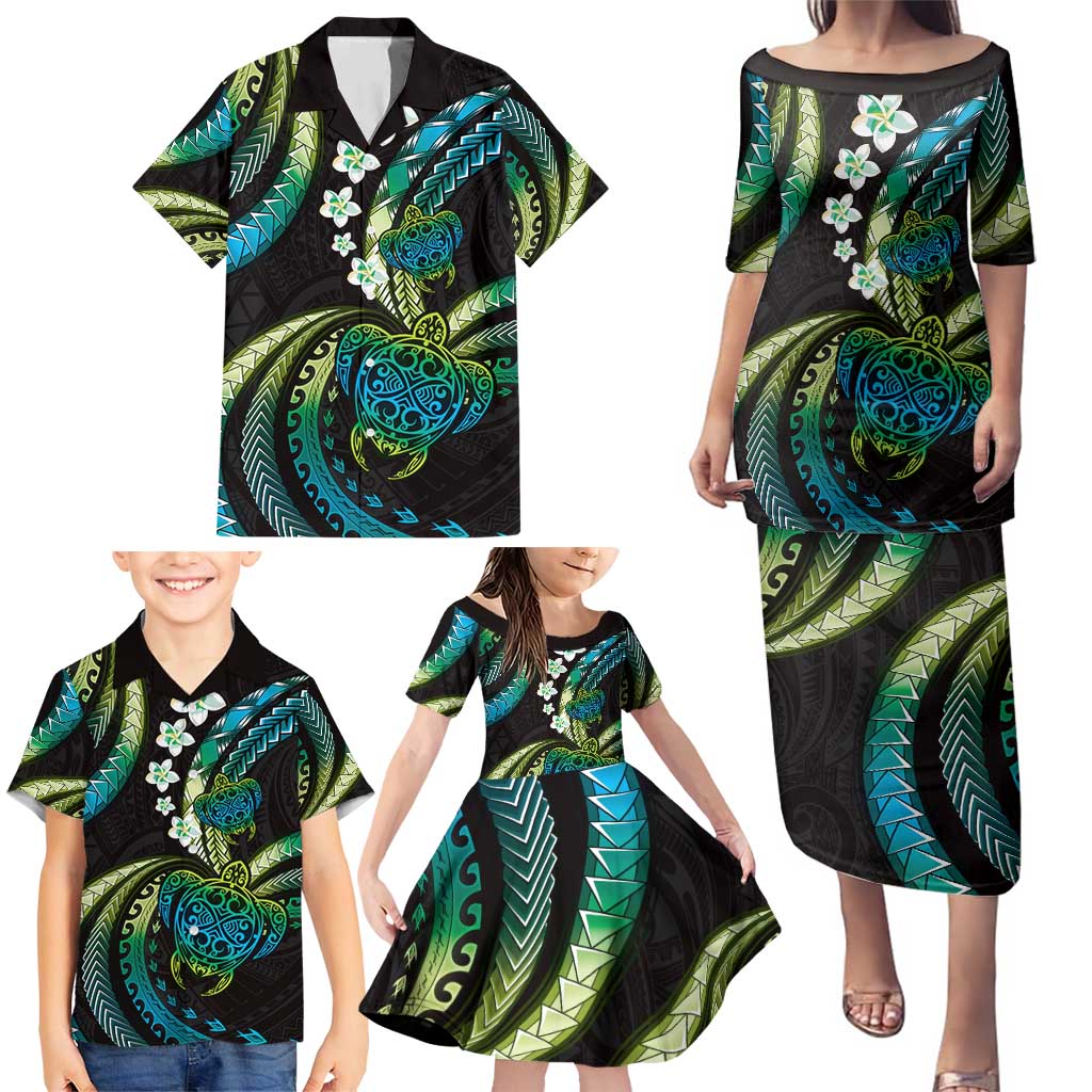 Hawaii Turtles Plumeria Family Matching Puletasi and Hawaiian Shirt Chartreuse Cyan Polynesian Pattern
