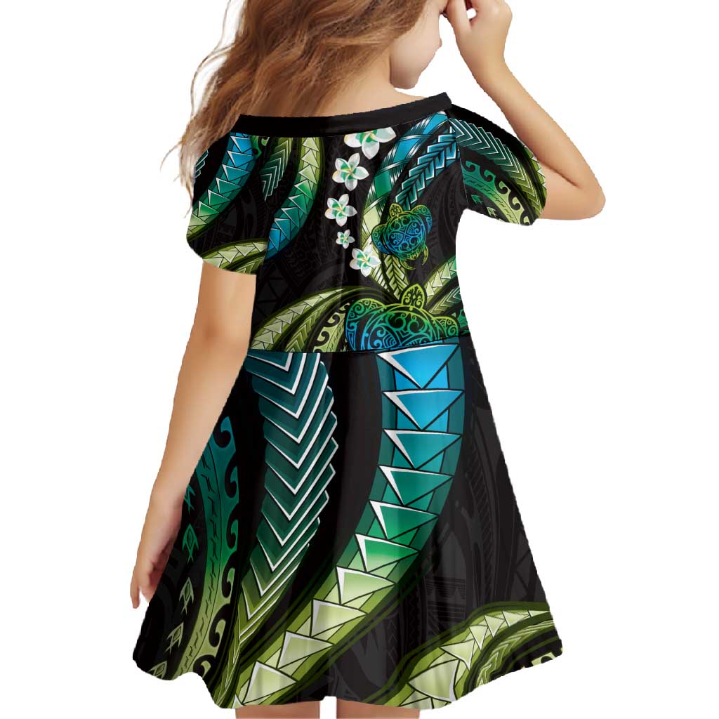 Hawaii Turtles Plumeria Family Matching Short Sleeve Bodycon Dress and Hawaiian Shirt Chartreuse Cyan Polynesian Pattern