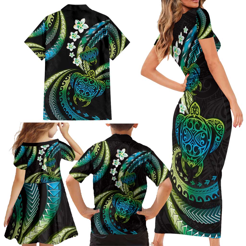 Hawaii Turtles Plumeria Family Matching Short Sleeve Bodycon Dress and Hawaiian Shirt Chartreuse Cyan Polynesian Pattern