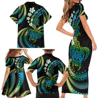 Hawaii Turtles Plumeria Family Matching Short Sleeve Bodycon Dress and Hawaiian Shirt Chartreuse Cyan Polynesian Pattern