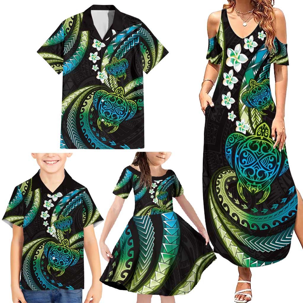 Hawaii Turtles Plumeria Family Matching Summer Maxi Dress and Hawaiian Shirt Chartreuse Cyan Polynesian Pattern