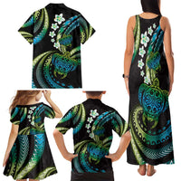 Hawaii Turtles Plumeria Family Matching Tank Maxi Dress and Hawaiian Shirt Chartreuse Cyan Polynesian Pattern
