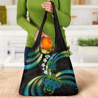 Hawaii Turtles Plumeria Grocery Bag Chartreuse Cyan Polynesian Pattern