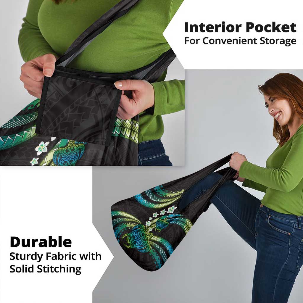 Hawaii Turtles Plumeria Grocery Bag Chartreuse Cyan Polynesian Pattern