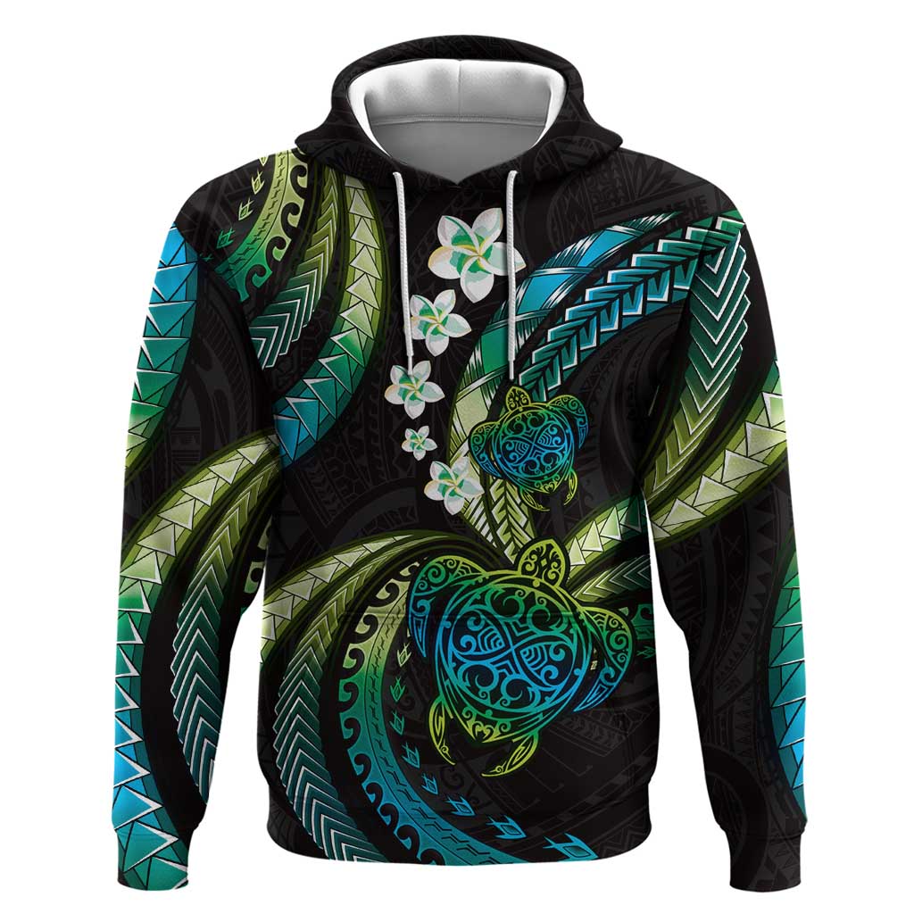 Hawaii Turtles Plumeria Hoodie Chartreuse Cyan Polynesian Pattern