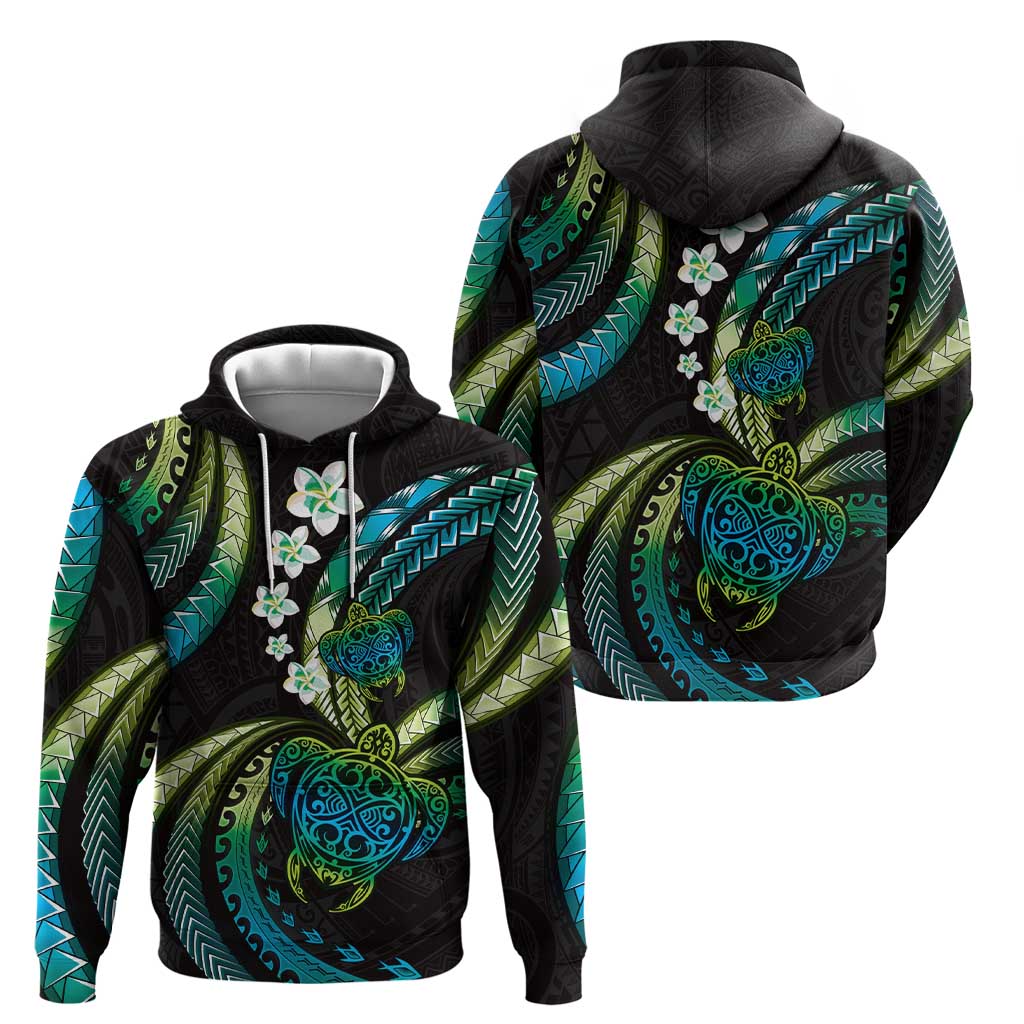 Hawaii Turtles Plumeria Hoodie Chartreuse Cyan Polynesian Pattern