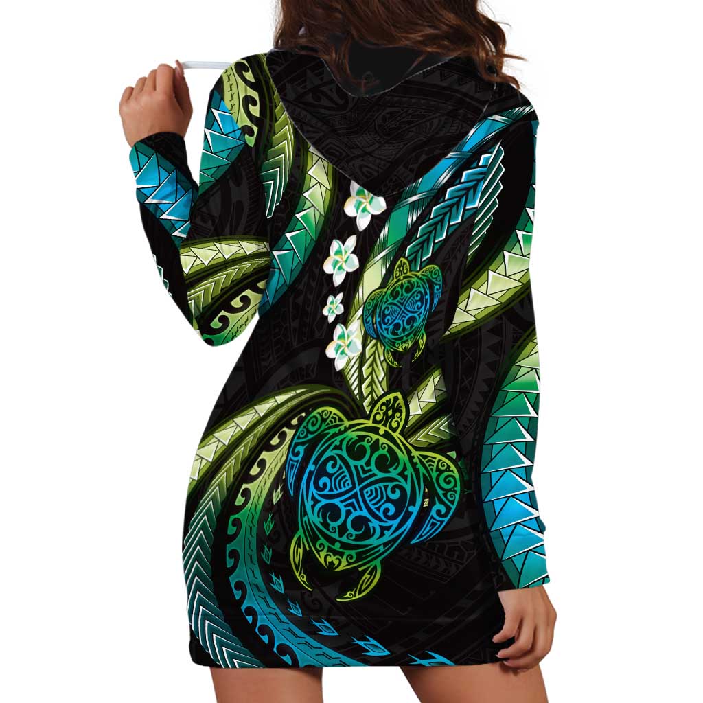 Hawaii Turtles Plumeria Hoodie Dress Chartreuse Cyan Polynesian Pattern