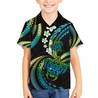 Hawaii Turtles Plumeria Kid Hawaiian Shirt Chartreuse Cyan Polynesian Pattern