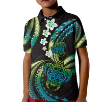 Hawaii Turtles Plumeria Kid Polo Shirt Chartreuse Cyan Polynesian Pattern