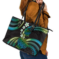 Hawaii Turtles Plumeria Leather Tote Bag Chartreuse Cyan Polynesian Pattern
