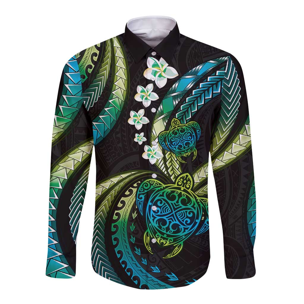 Hawaii Turtles Plumeria Long Sleeve Button Shirt Chartreuse Cyan Polynesian Pattern