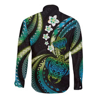 Hawaii Turtles Plumeria Long Sleeve Button Shirt Chartreuse Cyan Polynesian Pattern