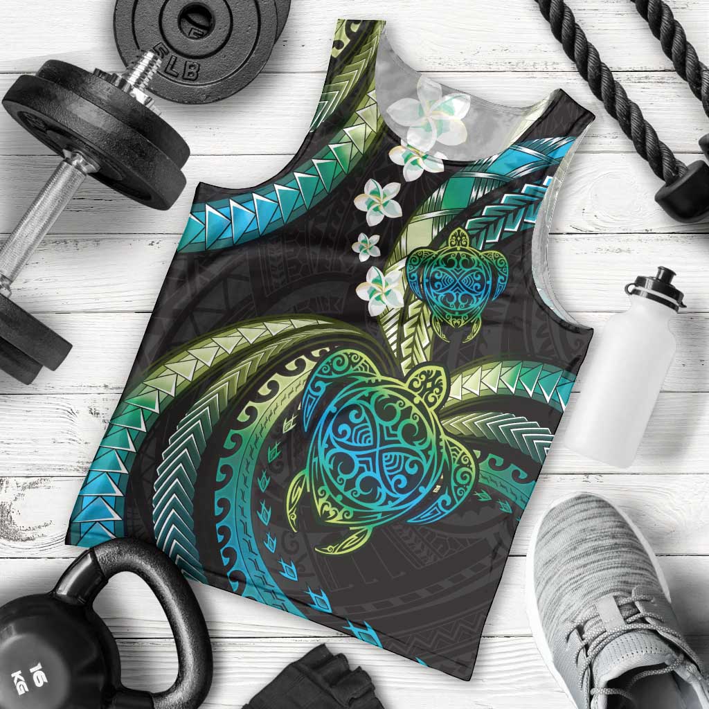 Hawaii Turtles Plumeria Men Tank Top Chartreuse Cyan Polynesian Pattern