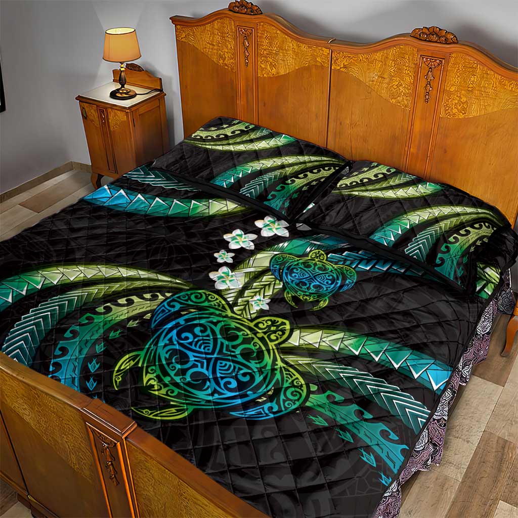 Hawaii Turtles Plumeria Quilt Bed Set Chartreuse Cyan Polynesian Pattern