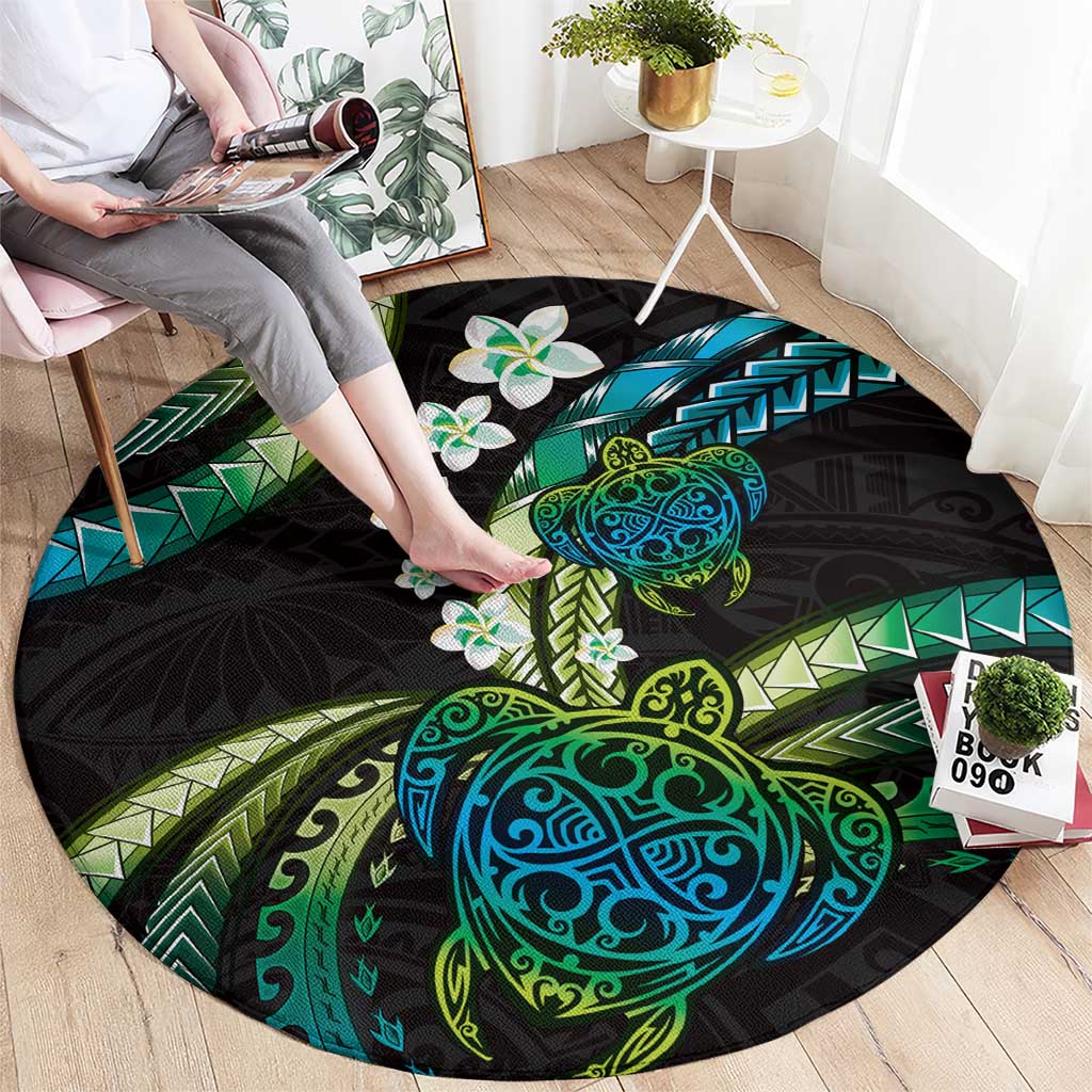 Hawaii Turtles Plumeria Round Carpet Chartreuse Cyan Polynesian Pattern