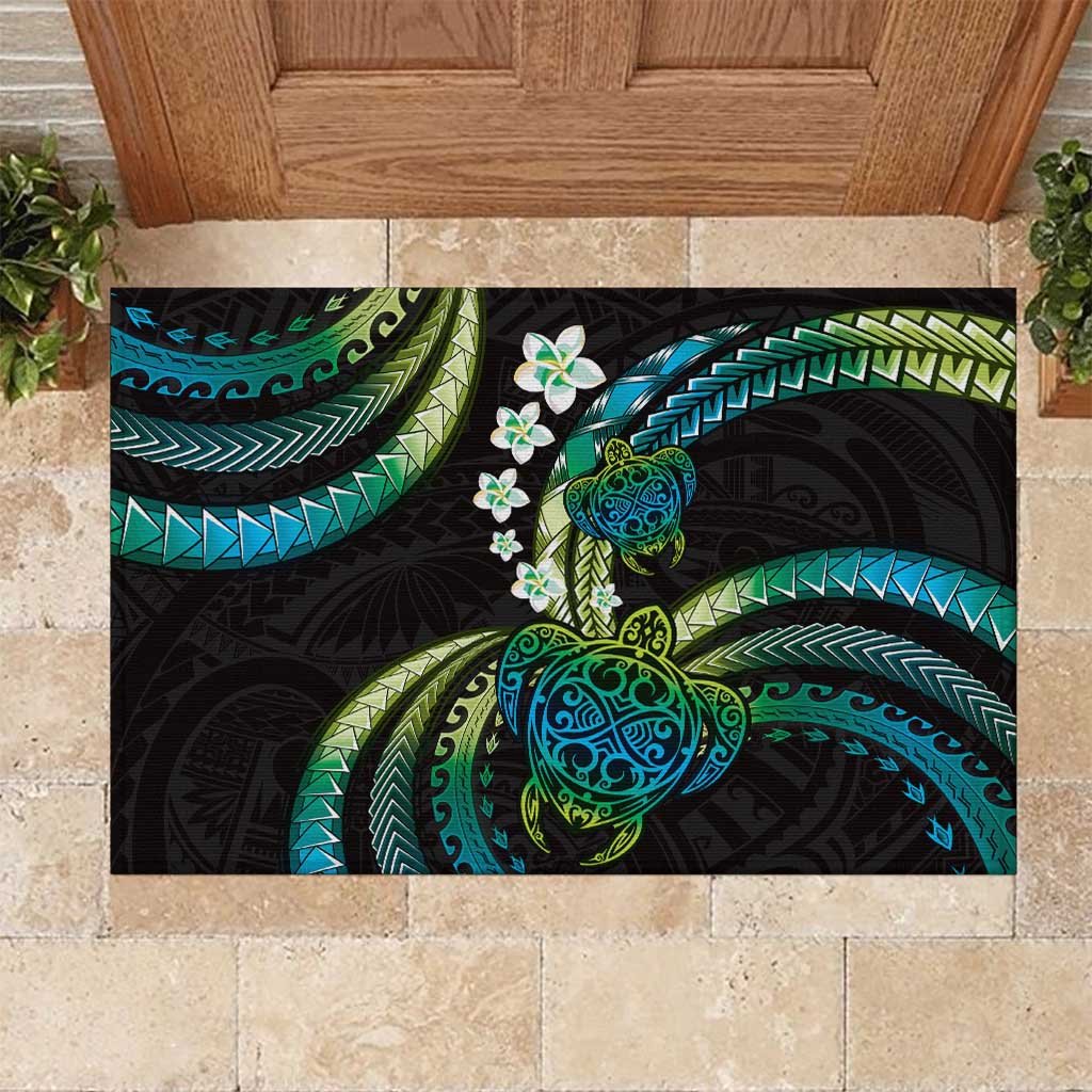 Hawaii Turtles Plumeria Rubber Doormat Chartreuse Cyan Polynesian Pattern