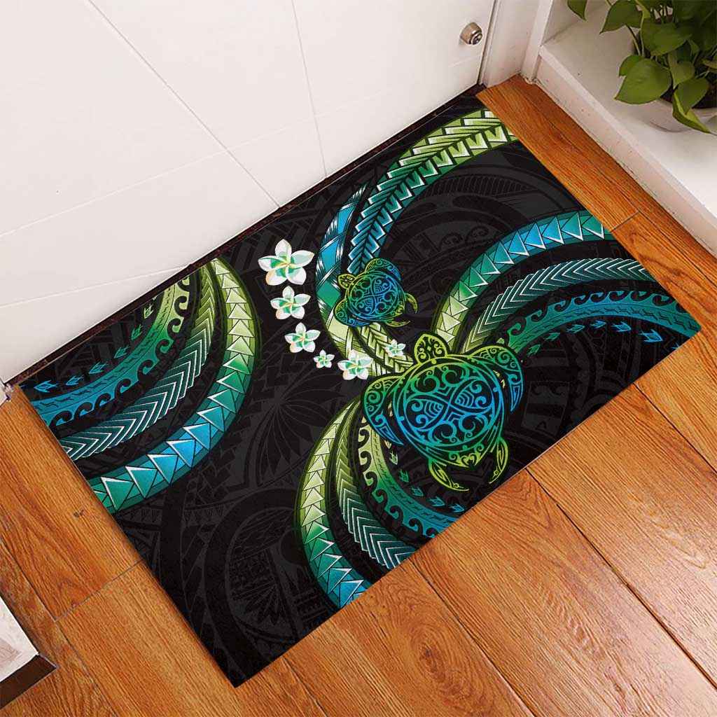 Hawaii Turtles Plumeria Rubber Doormat Chartreuse Cyan Polynesian Pattern