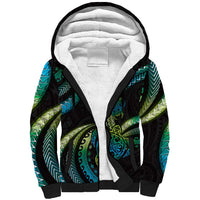 Hawaii Turtles Plumeria Sherpa Hoodie Chartreuse Cyan Polynesian Pattern