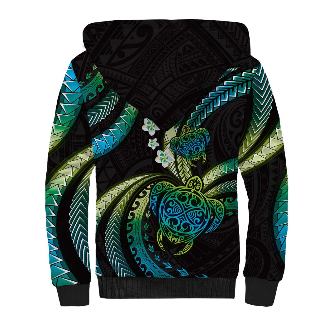 Hawaii Turtles Plumeria Sherpa Hoodie Chartreuse Cyan Polynesian Pattern