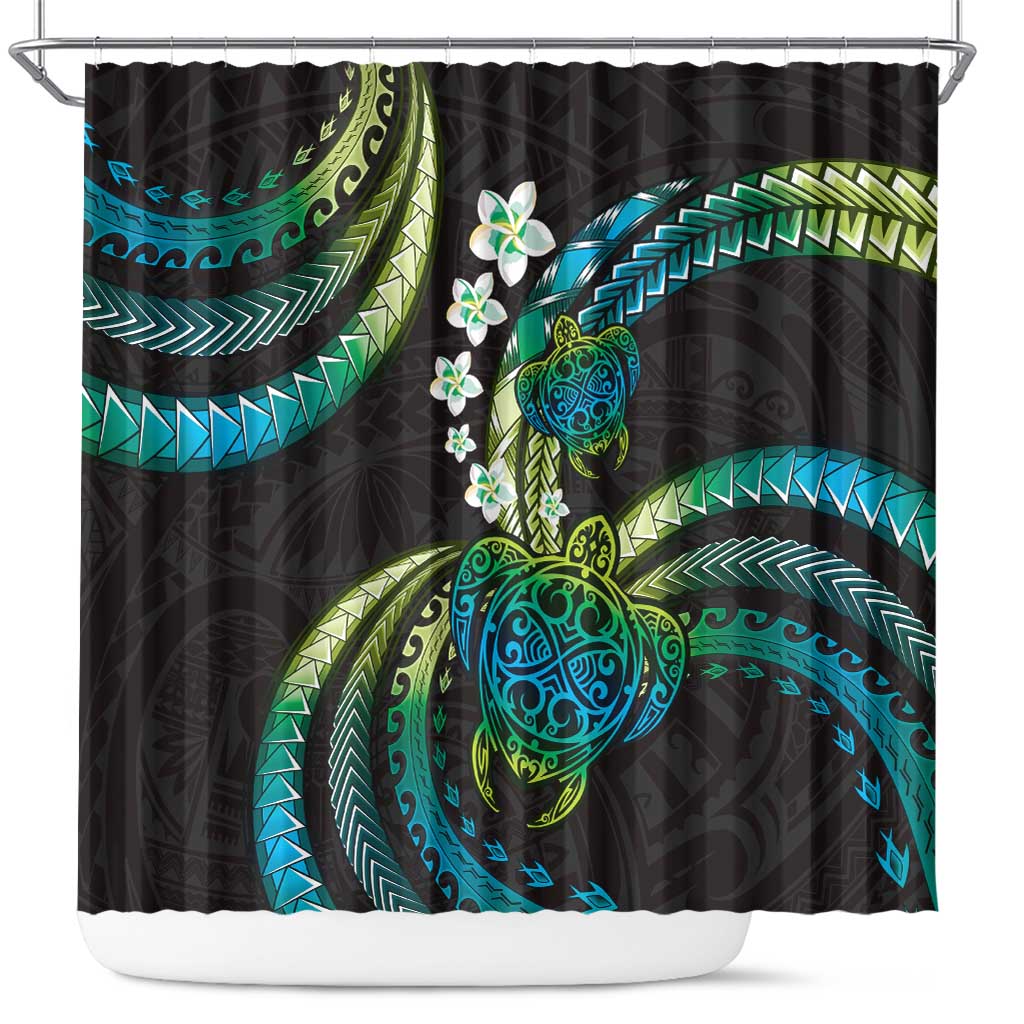 Hawaii Turtles Plumeria Shower Curtain Chartreuse Cyan Polynesian Pattern