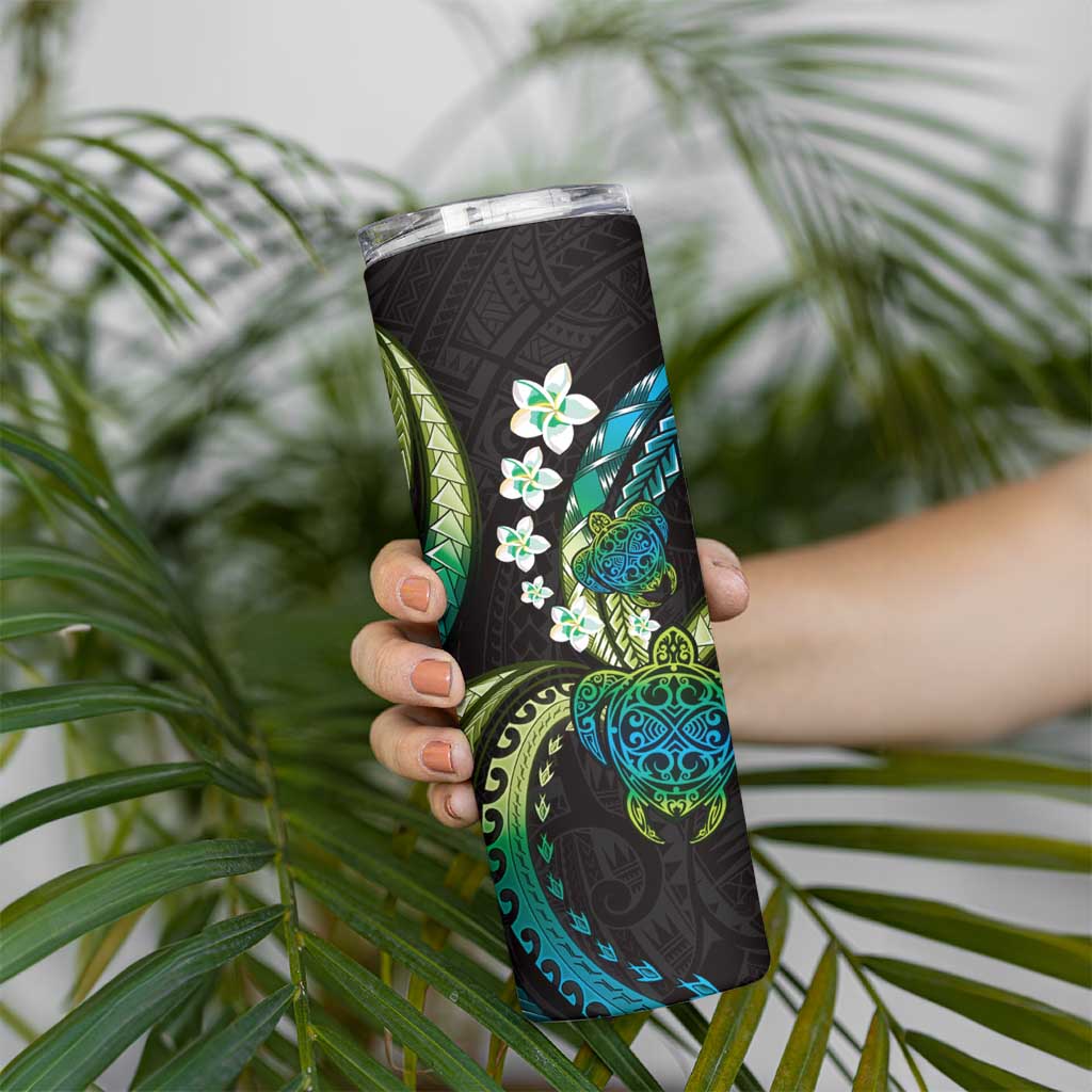 Hawaii Turtles Plumeria Skinny Tumbler Chartreuse Cyan Polynesian Pattern