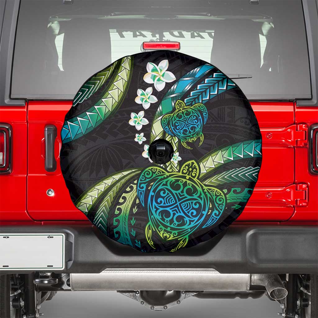Hawaii Turtles Plumeria Spare Tire Cover Chartreuse Cyan Polynesian Pattern
